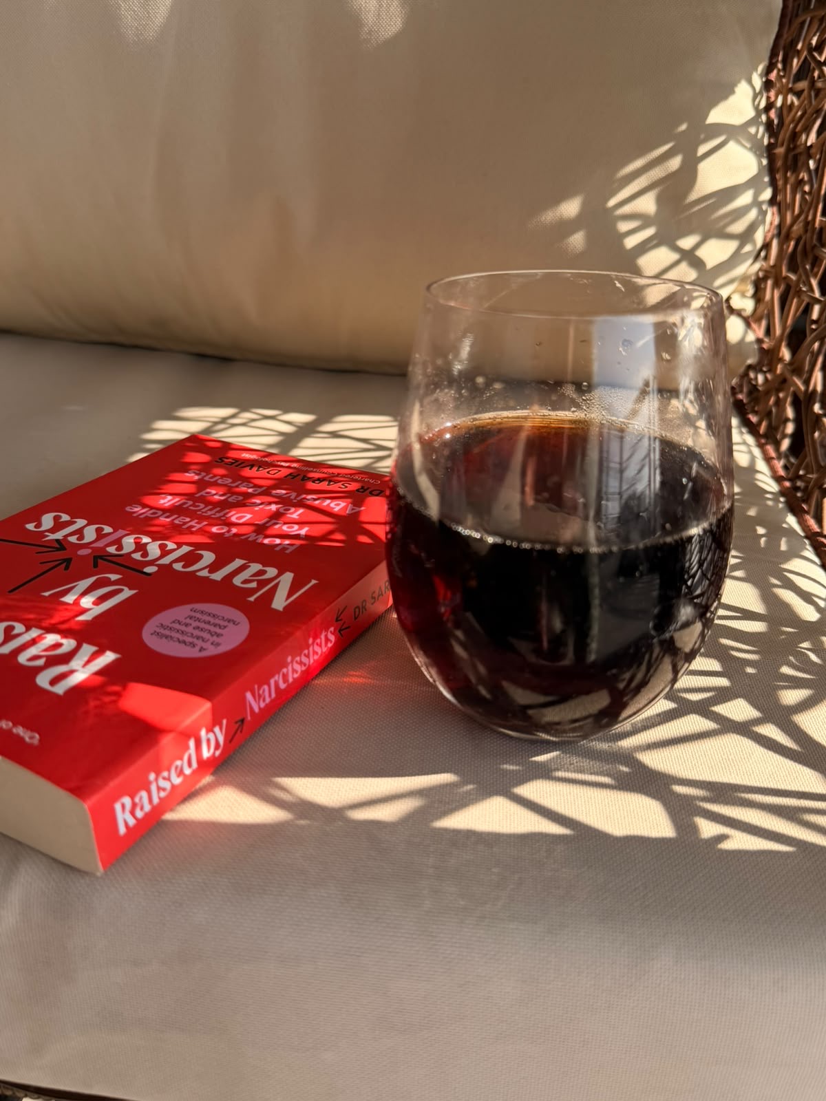 An open book and a glass of red wine in afternoon sunlight