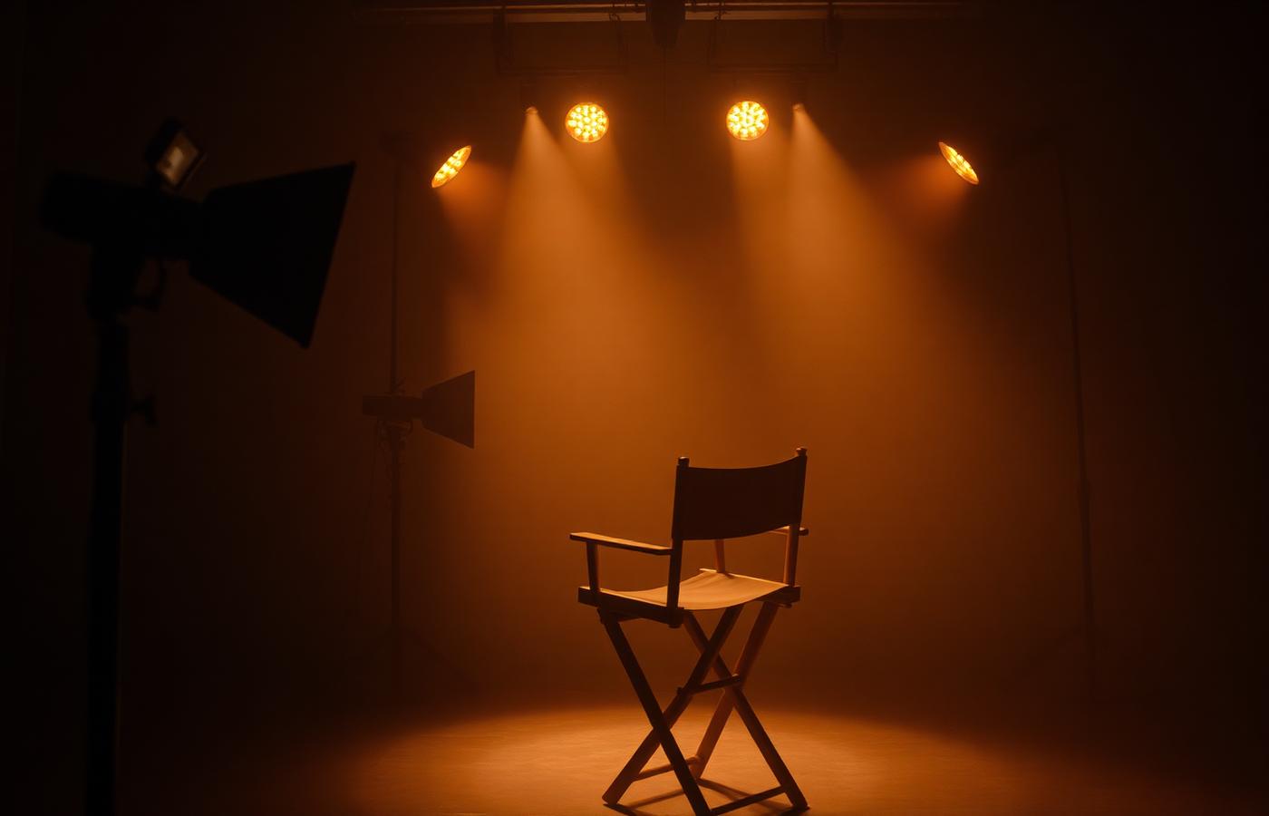 Studio lights and a director's chair on set
